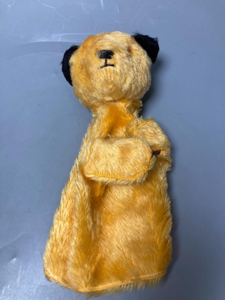 A 1950's Chad Valley Sooty hand puppet with wand, birthday card together with a boxed Sooty xylophone